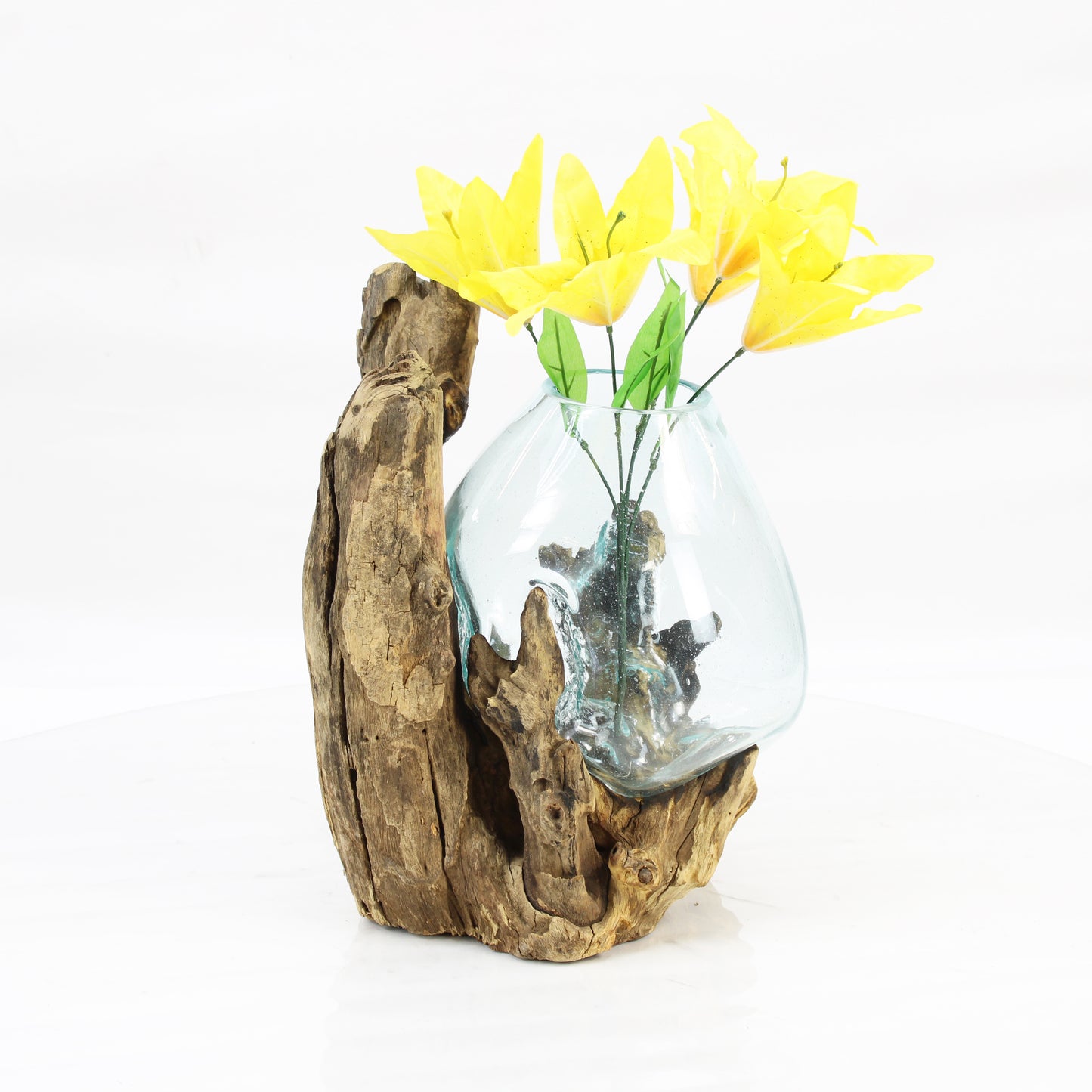 Bali Molten Glass on Teak Wood Base Vase MM095E2