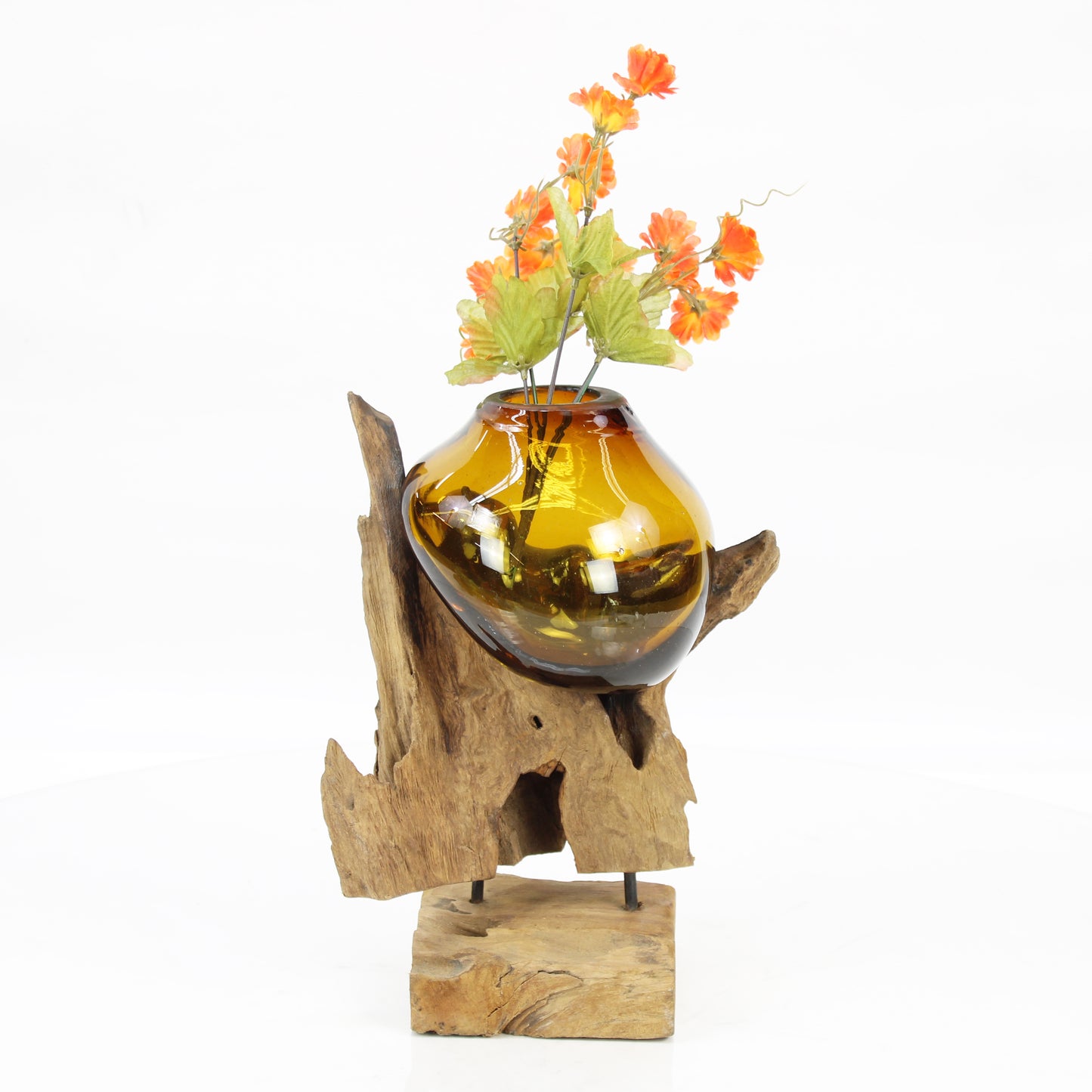Bali Molten Glass on Teak Wood Base Vase MM189H2