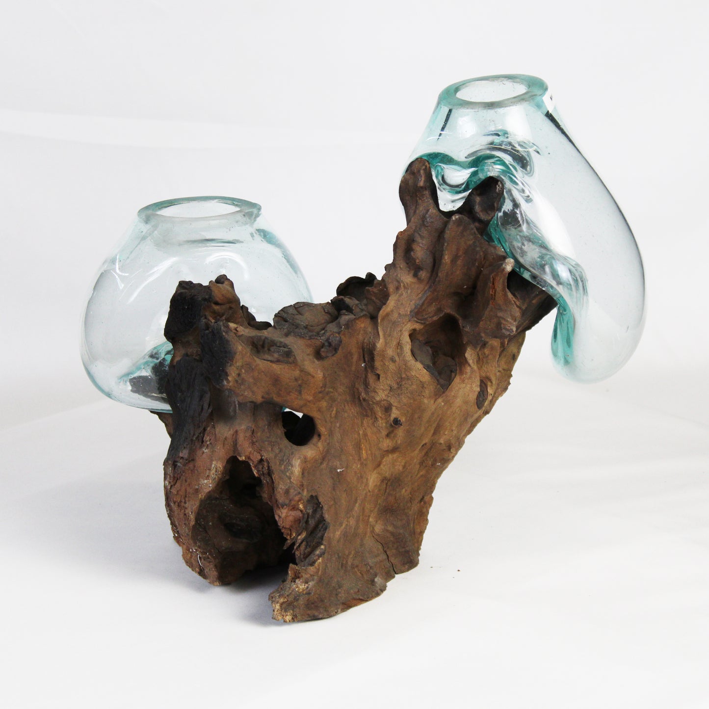 Double Molten Glass on Teak Wood Base Vase MM014A3-2