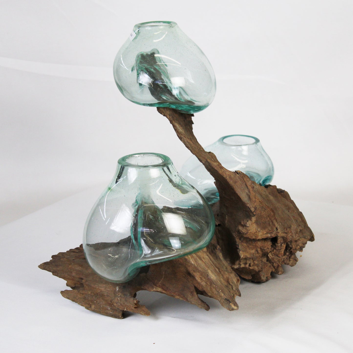 Three Molten Glass on Teak Wood Base Vase MM021A3-3