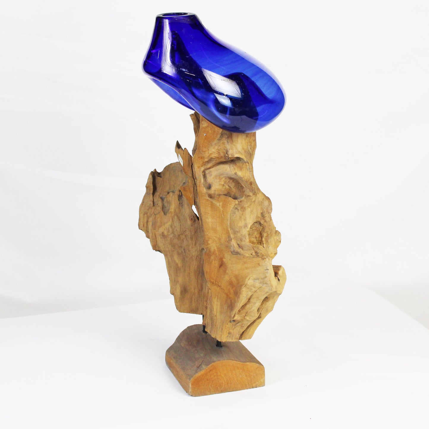 Molten Glass on Teak Wood Base Vase- Blue MM022A3