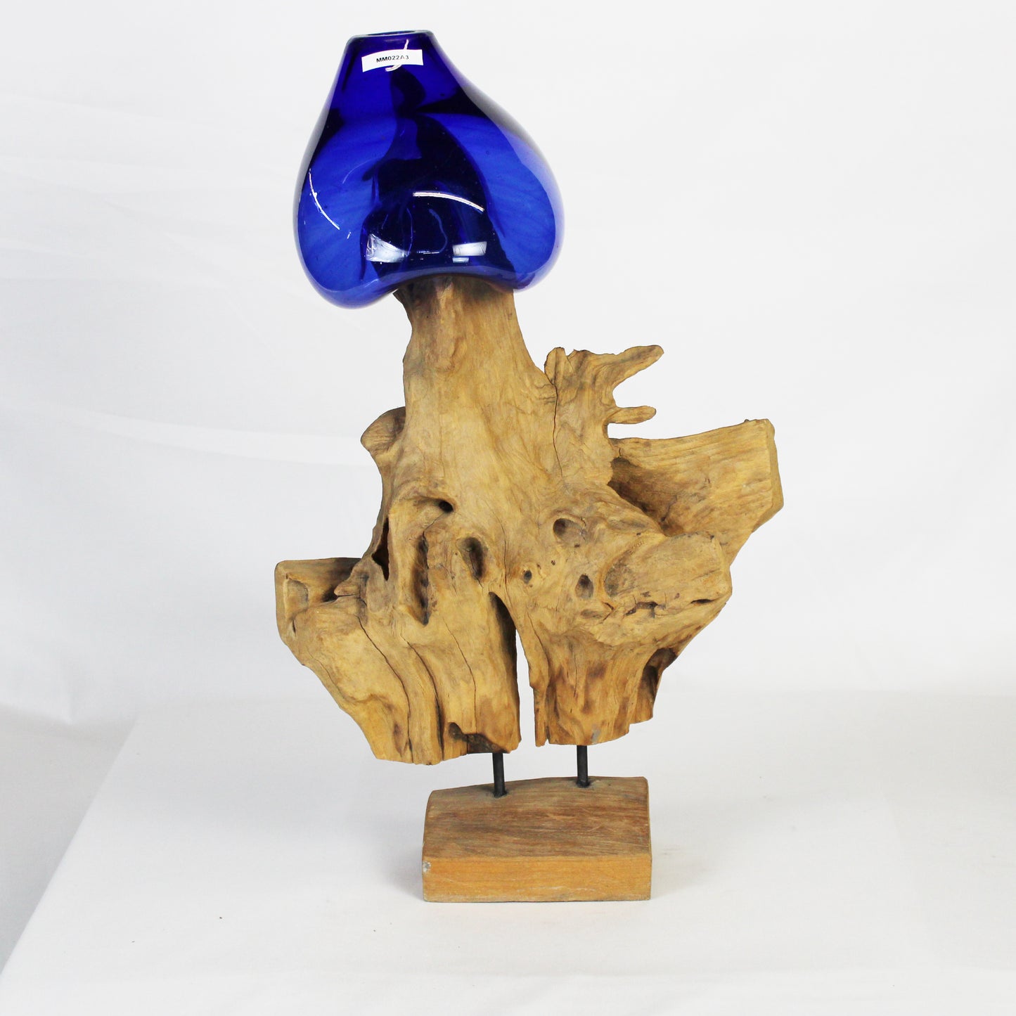 Molten Glass on Teak Wood Base Vase- Blue MM022A3