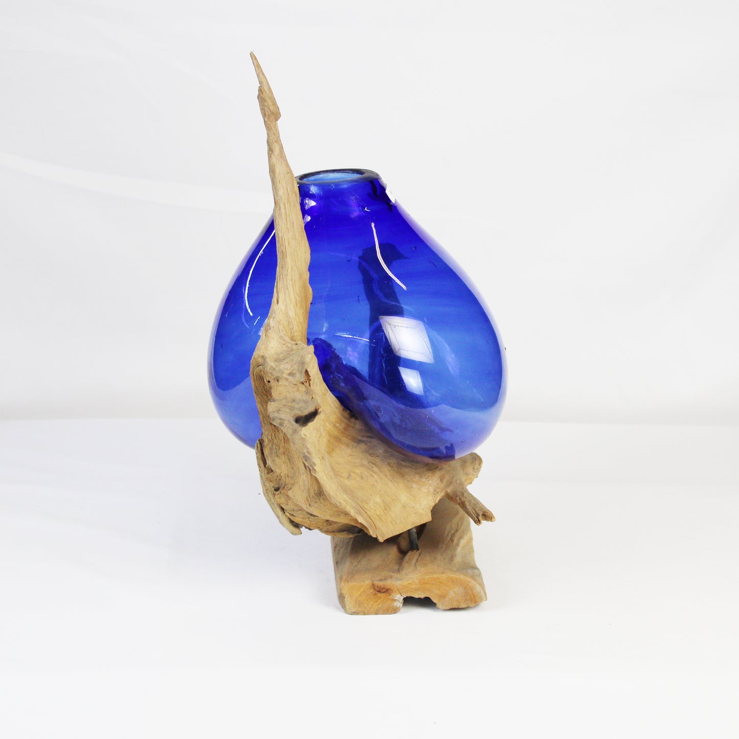 Molten Glass on Teak Wood Base Vase- Blue VMM023A3