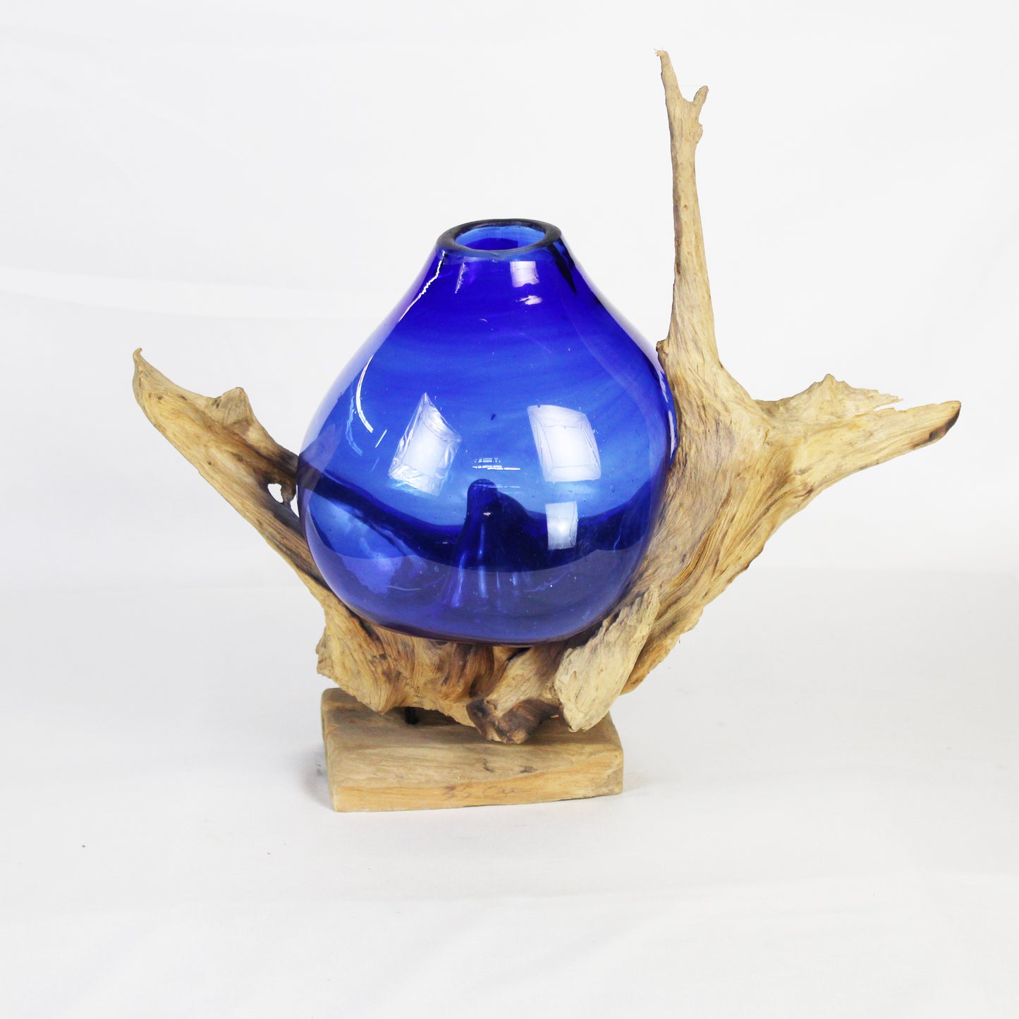 Molten Glass on Teak Wood Base Vase- Blue VMM023A3