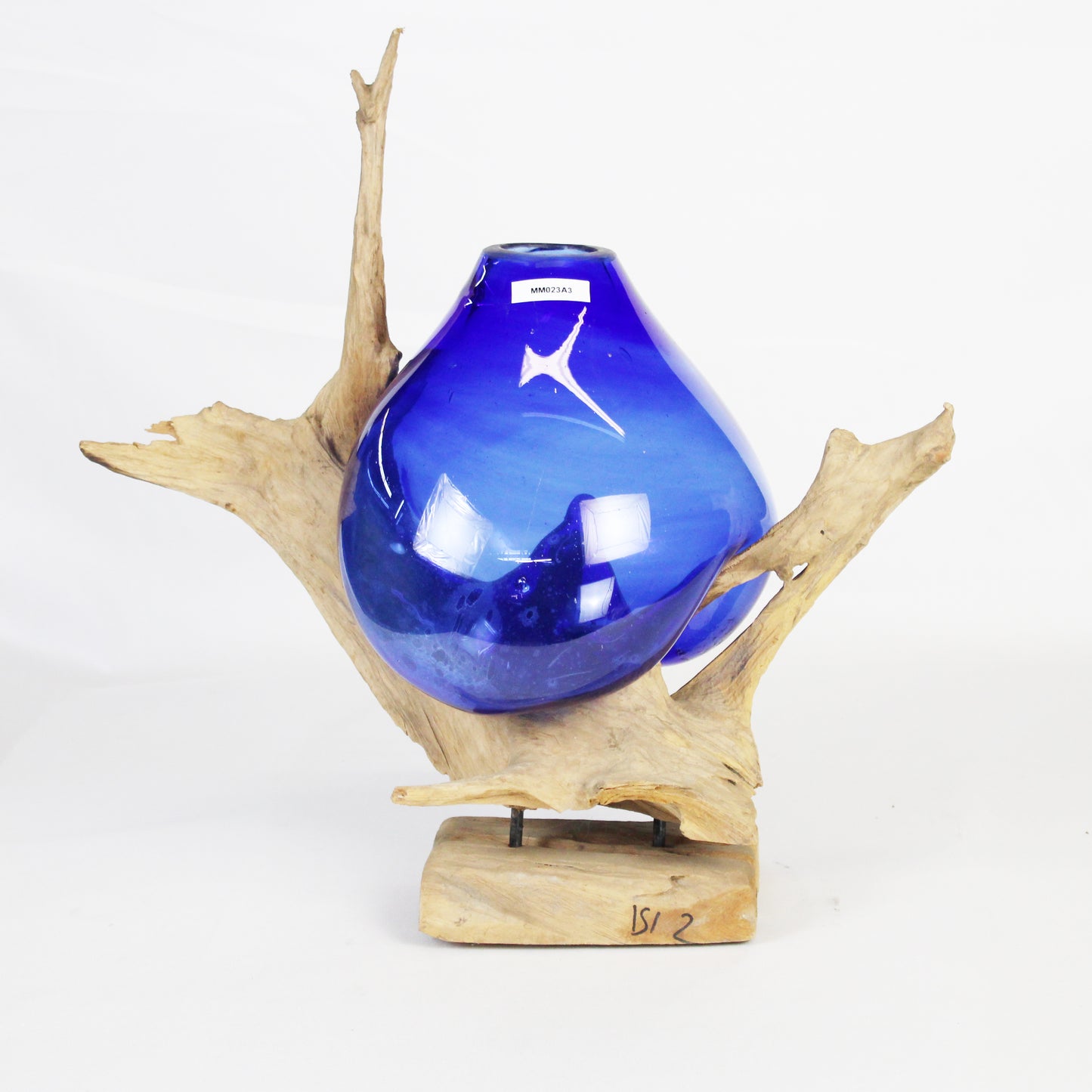 Molten Glass on Teak Wood Base Vase- Blue VMM023A3