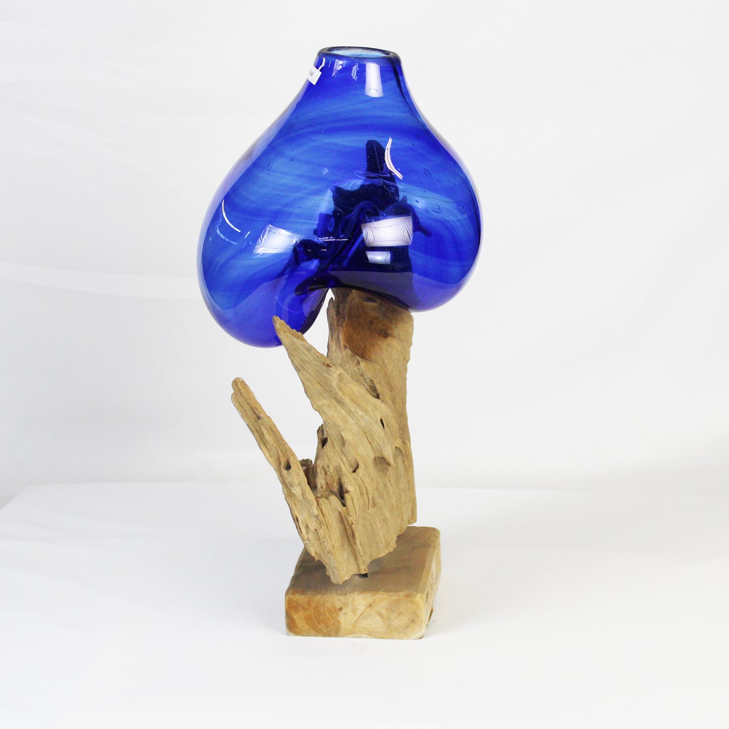 Molten Glass on Teak Wood Base Vase- Blue MM024A3