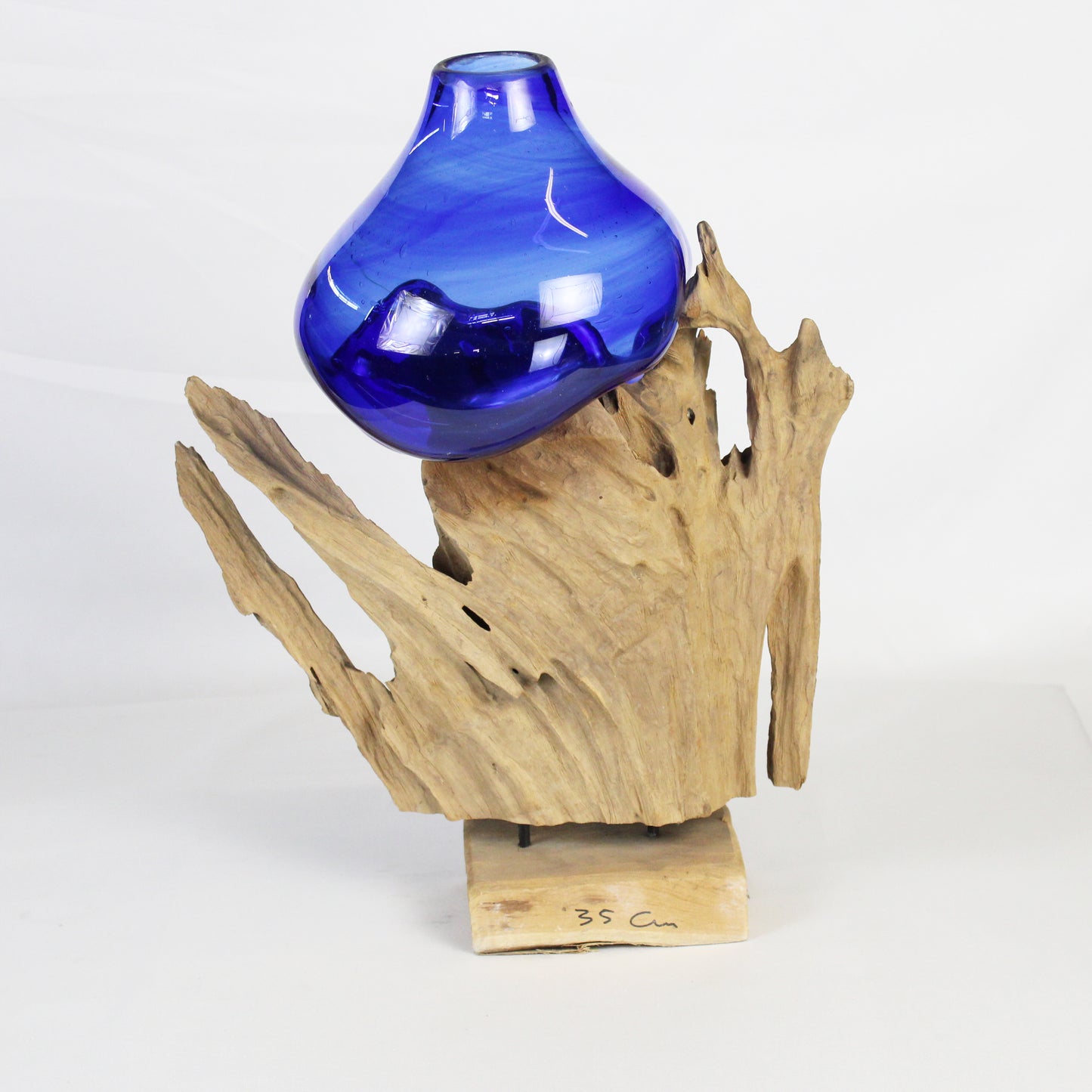 Molten Glass on Teak Wood Base Vase- Blue MM024A3