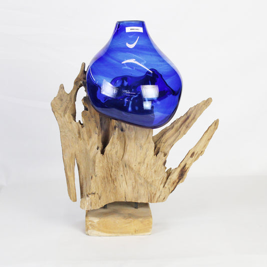 Molten Glass on Teak Wood Base Vase- Blue MM024A3