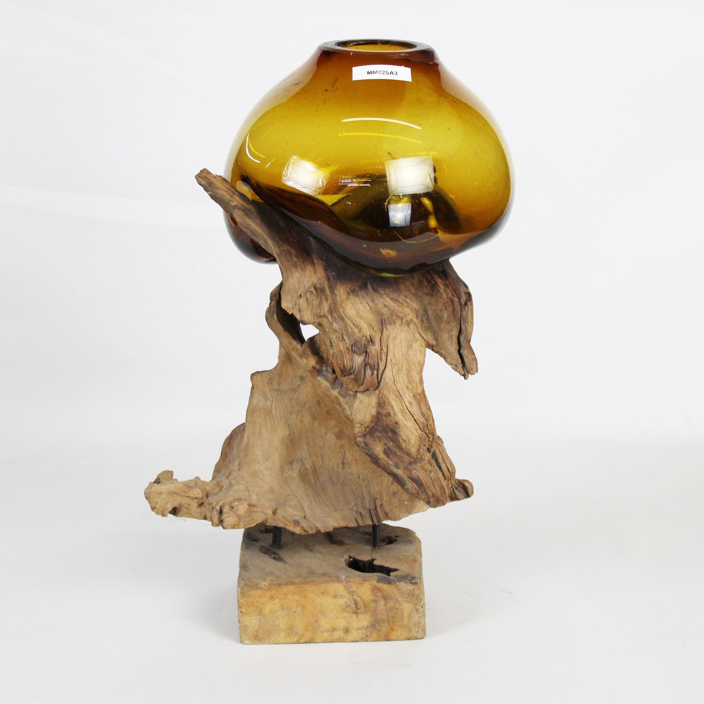 Molten Glass on Teak Wood Base Vase- Brown MM025A3