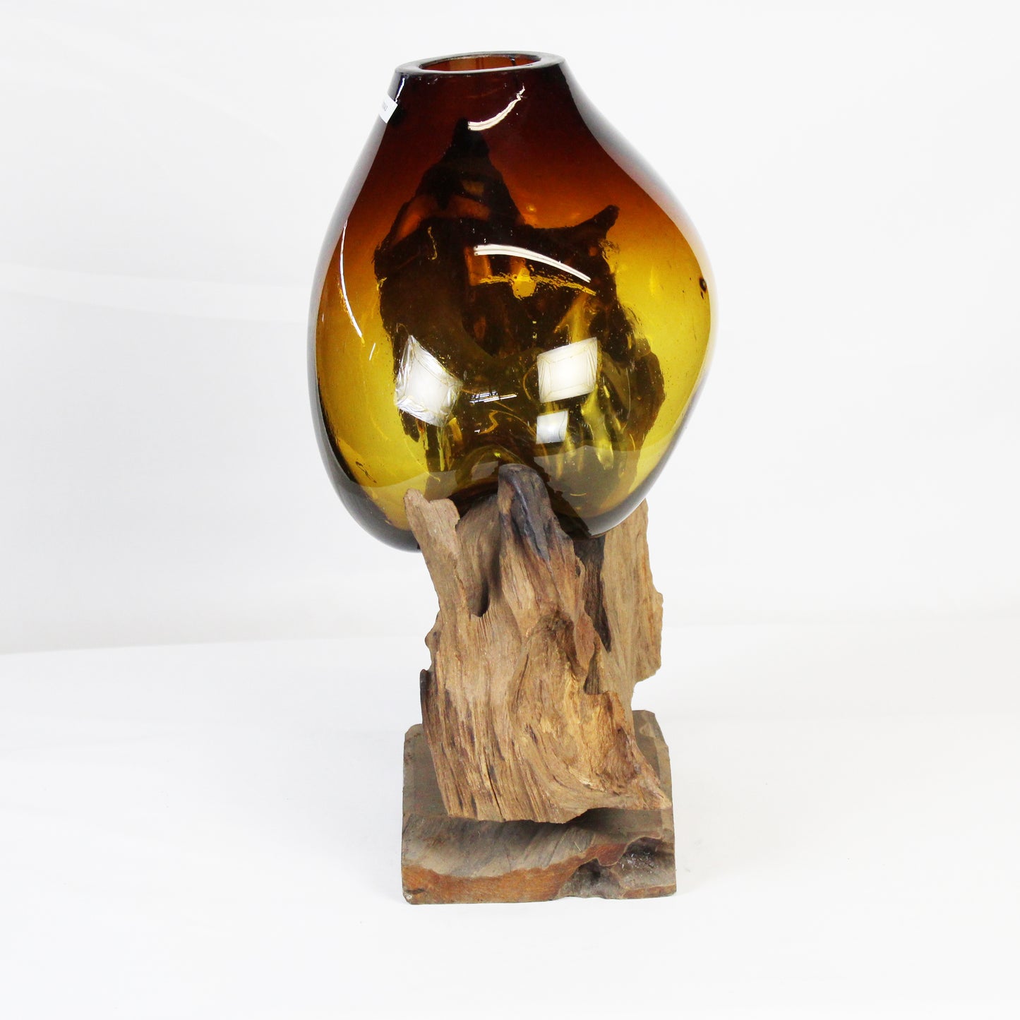 Molten Glass on Teak Wood Base Vase- Brown MM026A3