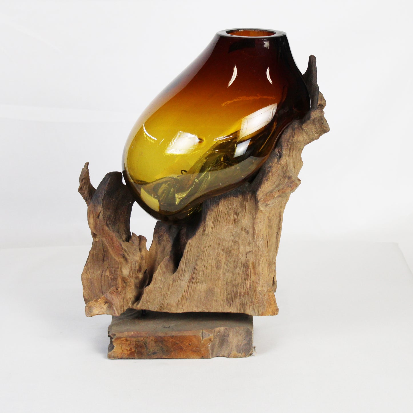 Molten Glass on Teak Wood Base Vase- Brown MM026A3