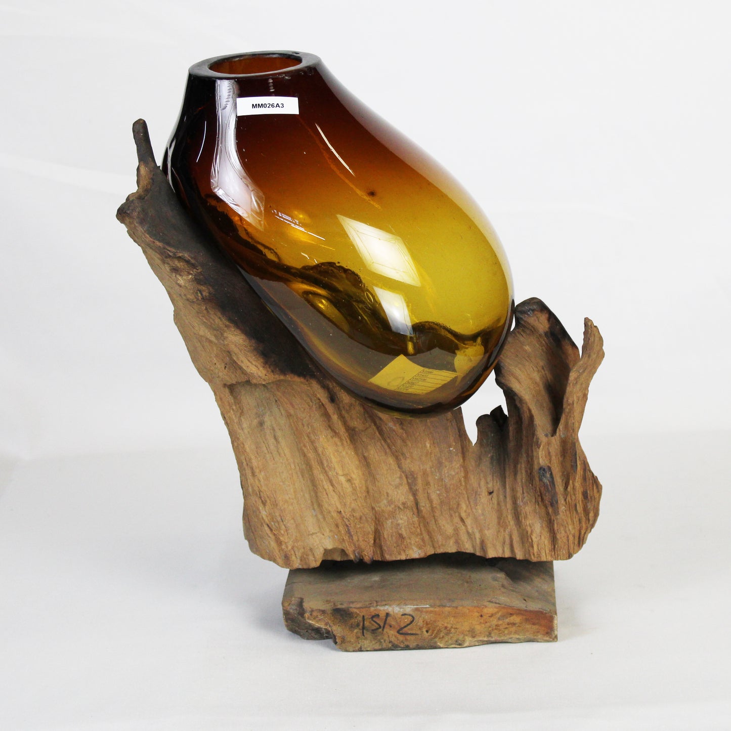 Molten Glass on Teak Wood Base Vase- Brown MM026A3