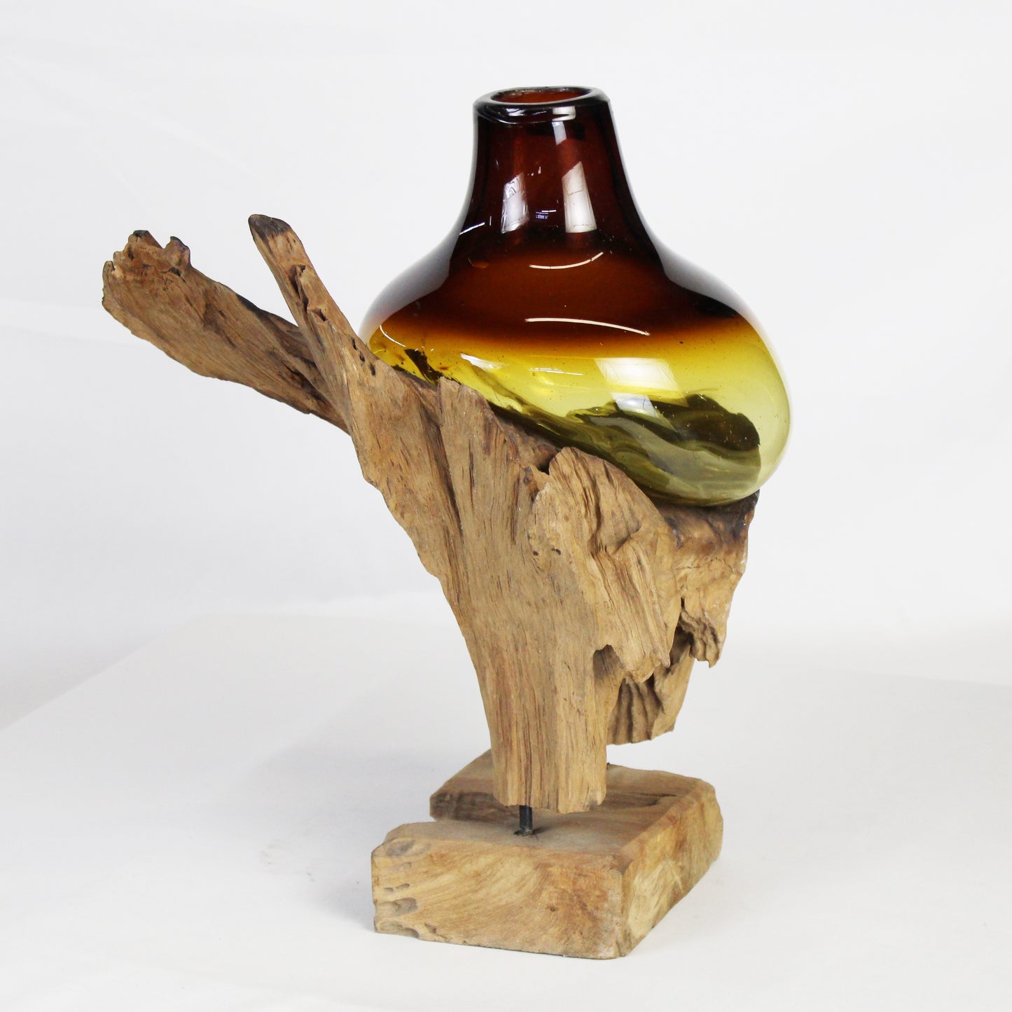 Molten Glass on Teak Wood Base Vase- Brown MM027A3