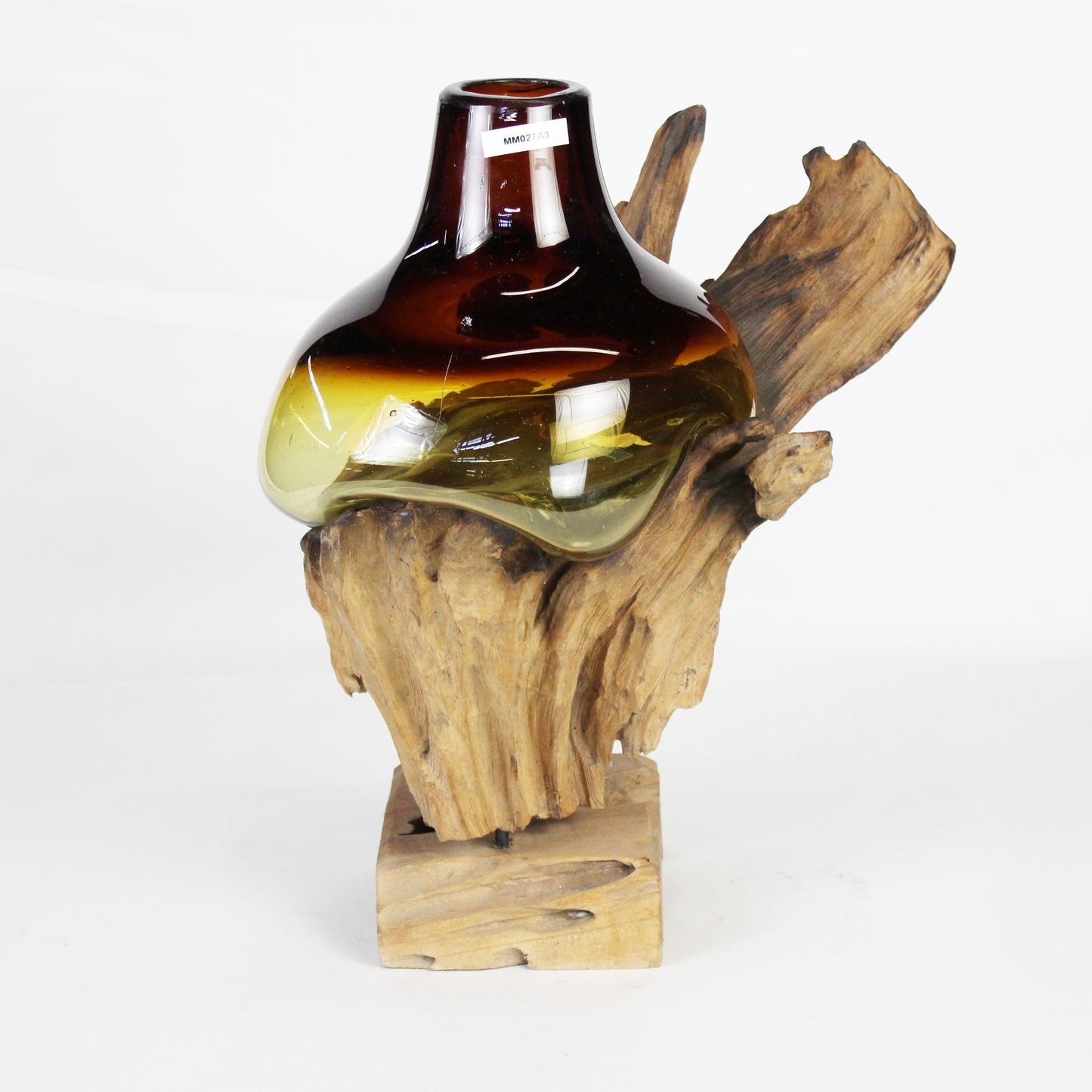 Molten Glass on Teak Wood Base Vase- Brown MM027A3