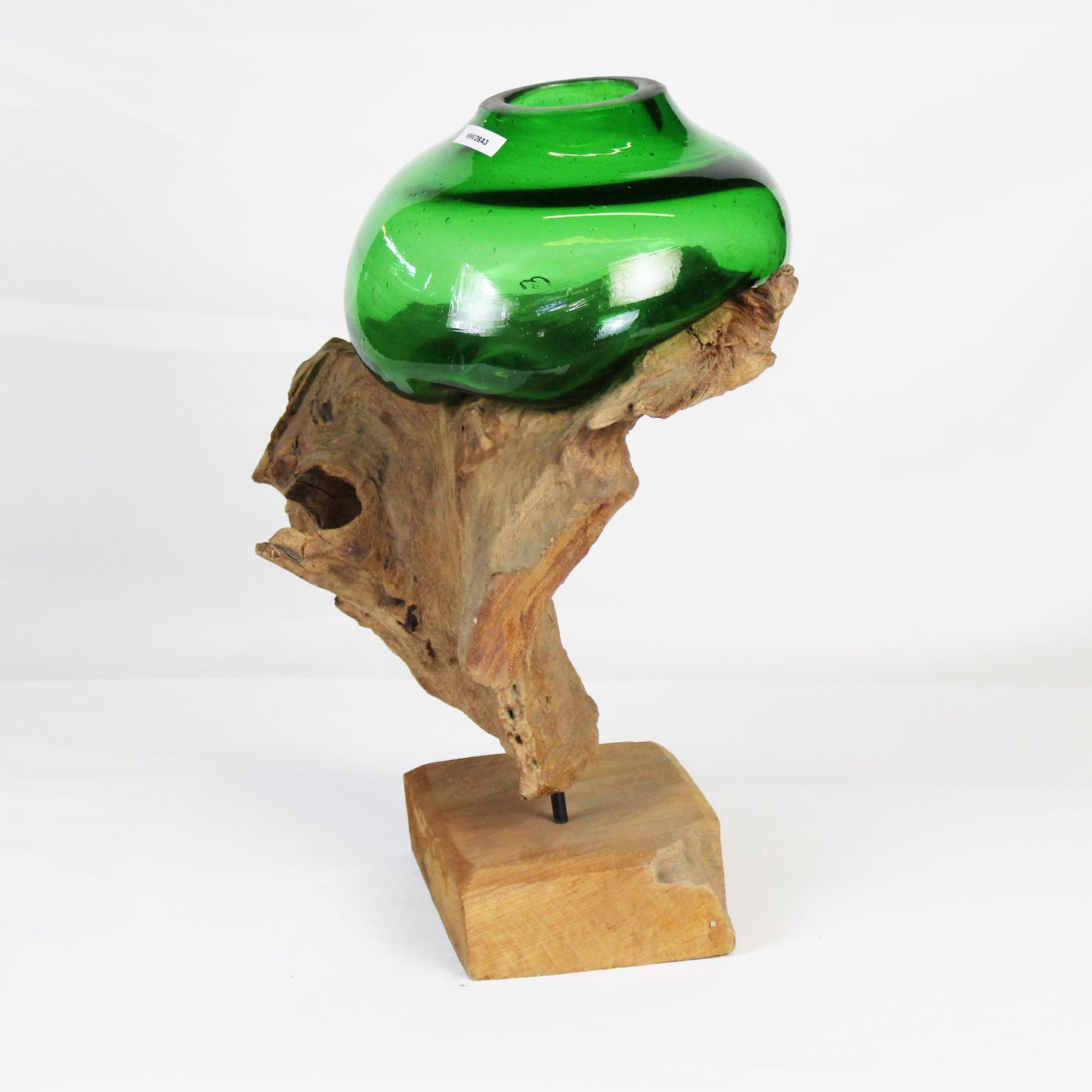 Molten Glass on Teak Wood Base Vase- Green MM028A3