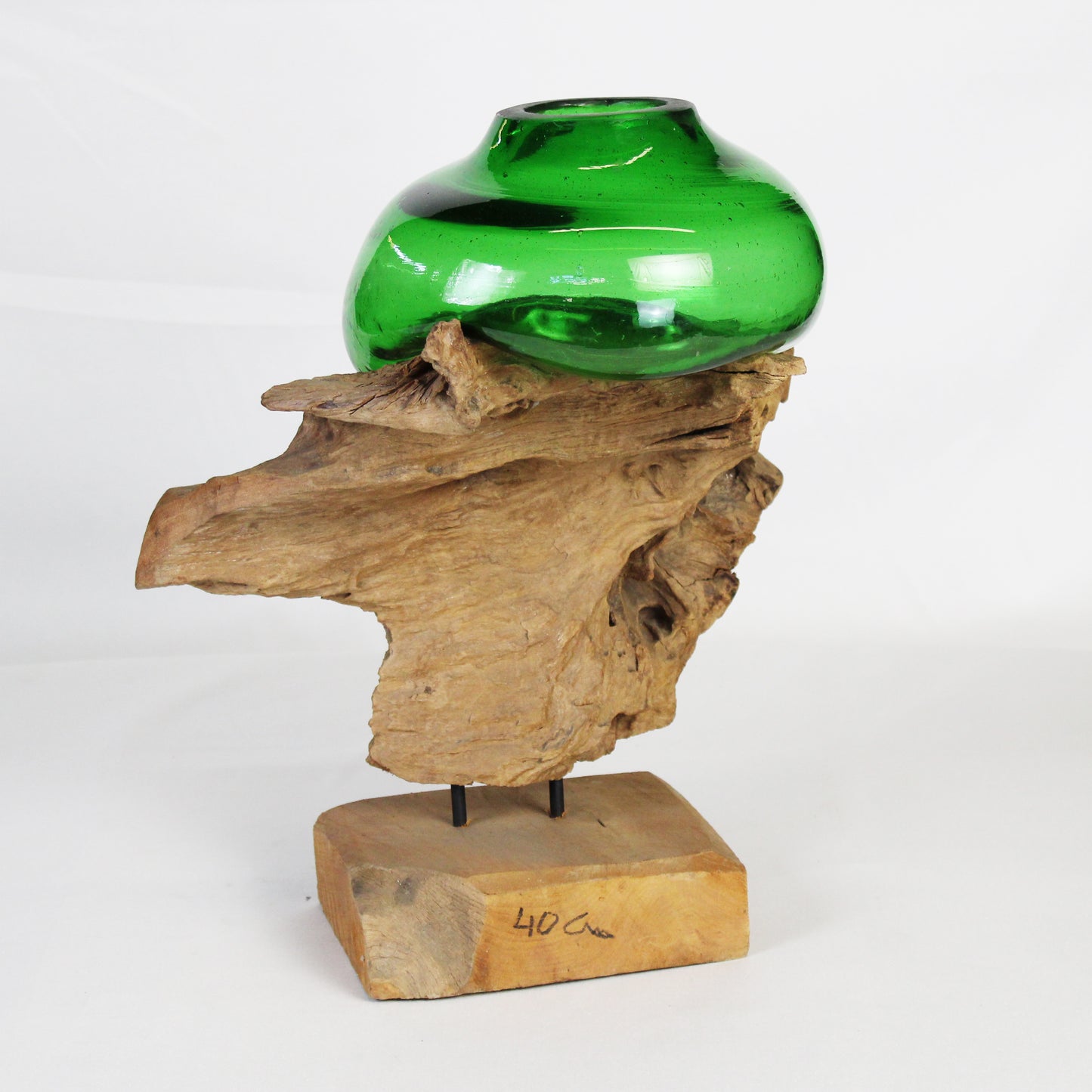 Molten Glass on Teak Wood Base Vase- Green MM028A3