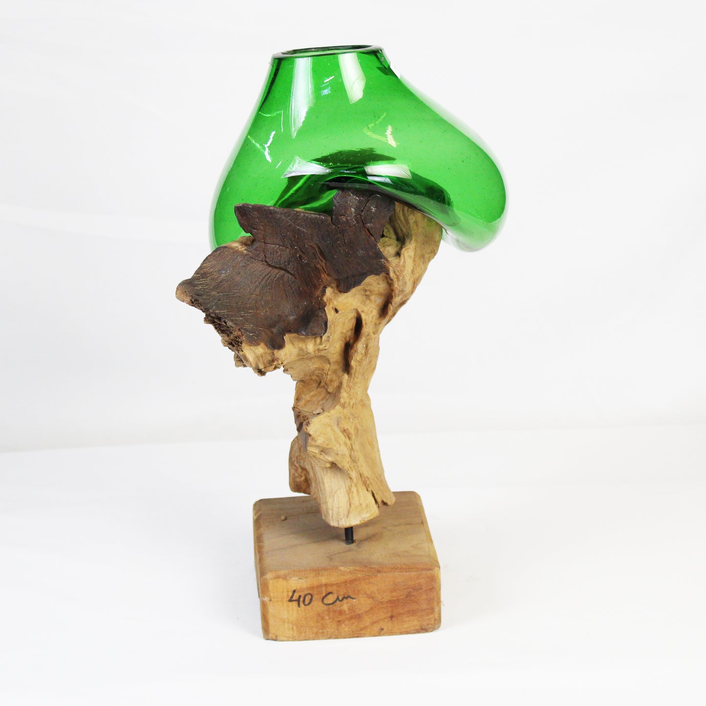 Molten Glass on Teak Wood Base Vase- Green MM029A3