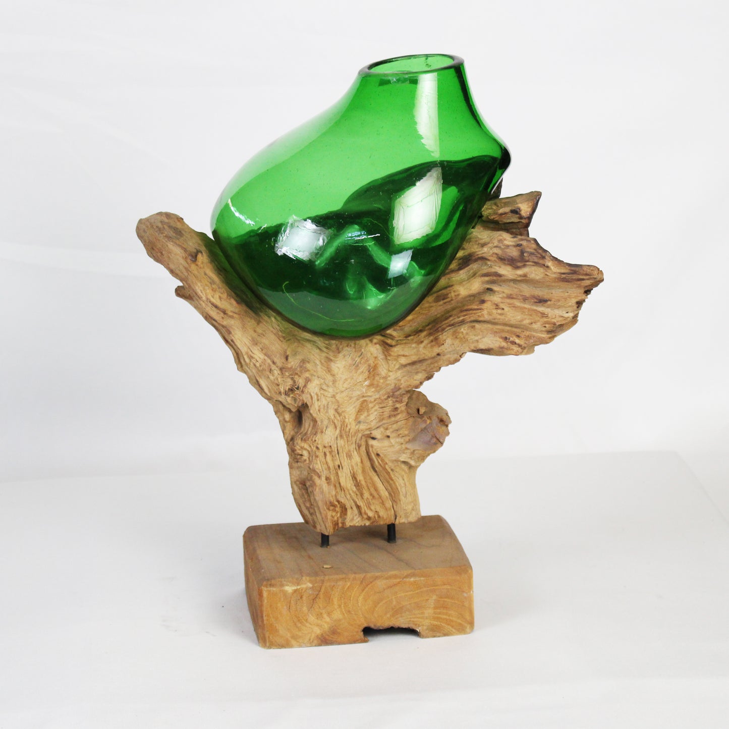 Molten Glass on Teak Wood Base Vase- Green MM029A3