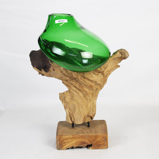 Molten Glass on Teak Wood Base Vase- Green MM029A3