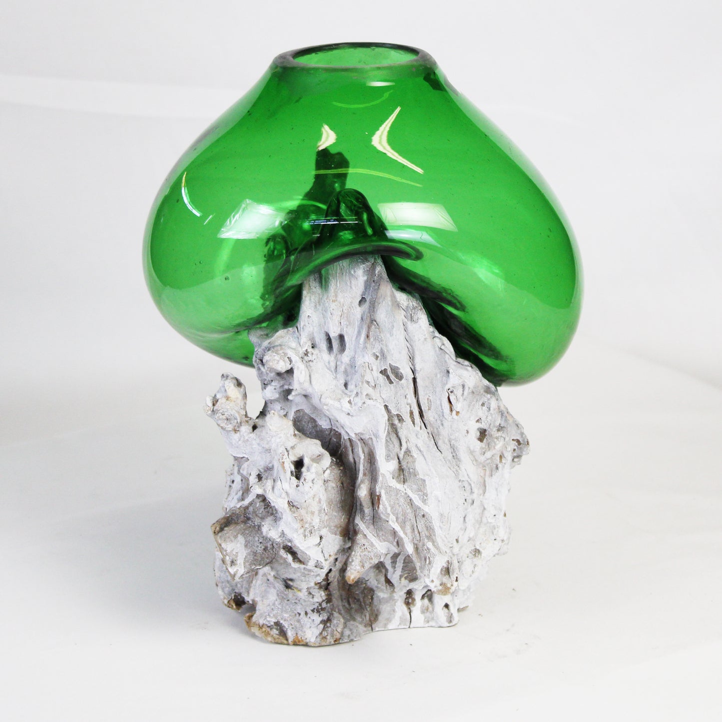 Molten Glass on Teak Wood Base Vase- Green MM030A3