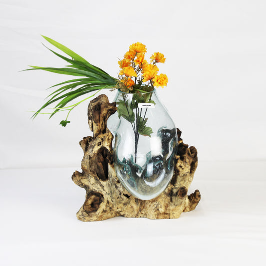 Bali Molten Glass on Teak Wood Base Vase MM048A4