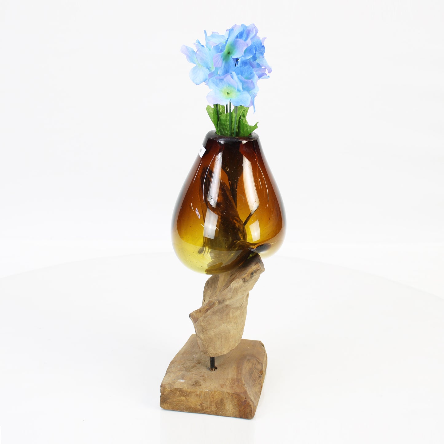 Bali Small Molten Glass on Teak Wood Base Vase MM075D2