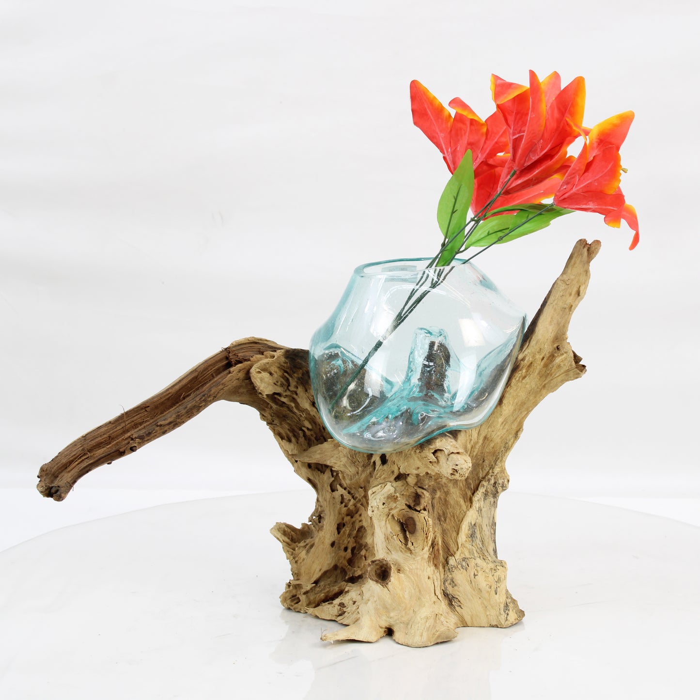 Bali Molten Glass on Teak Wood Base Vase MM123D3