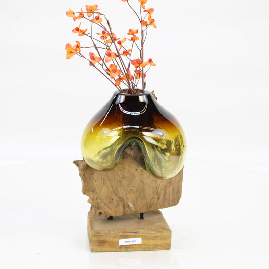 Bali Molten Glass on Teak Wood Base Vase MM174H1