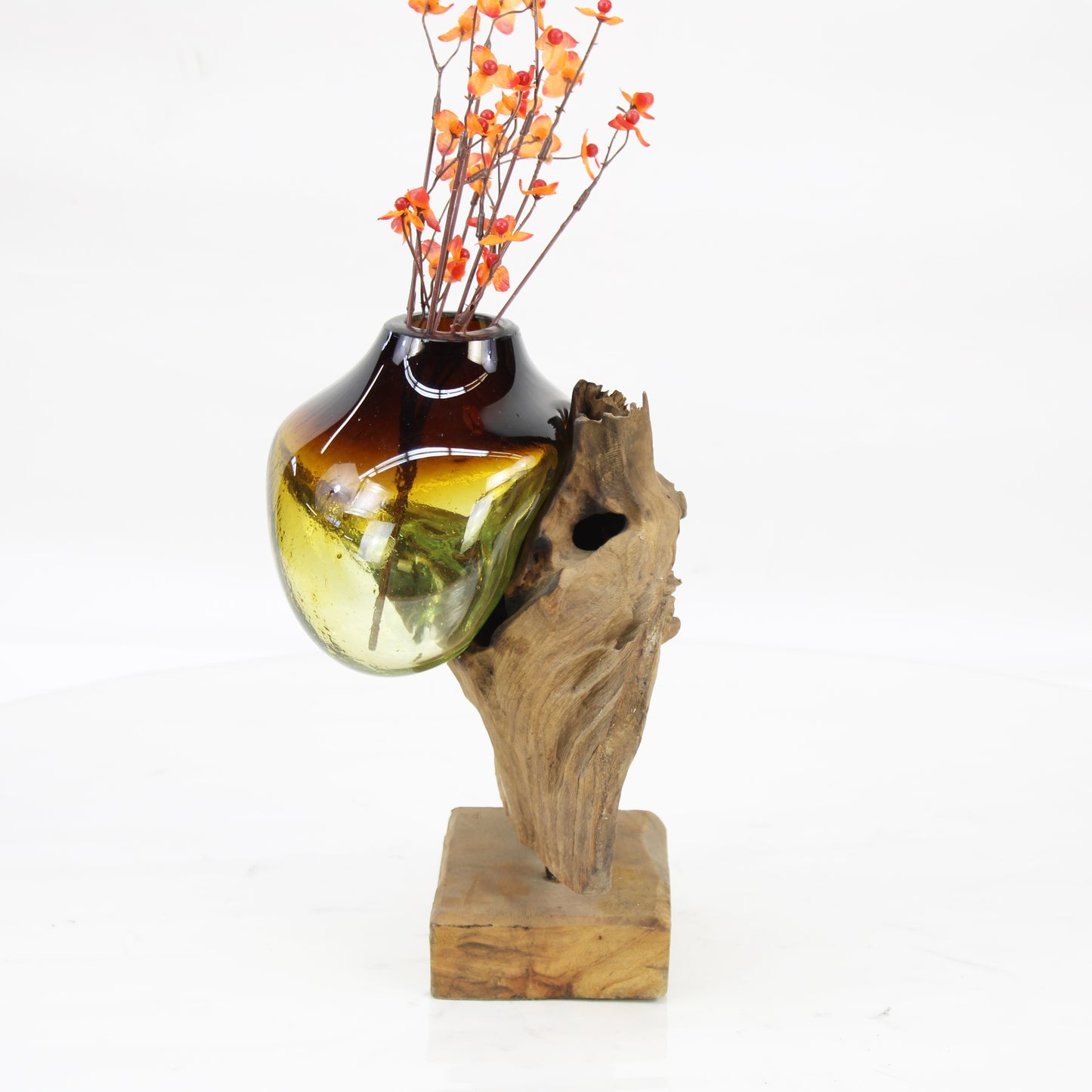 Bali Molten Glass on Teak Wood Base Vase MM174H1