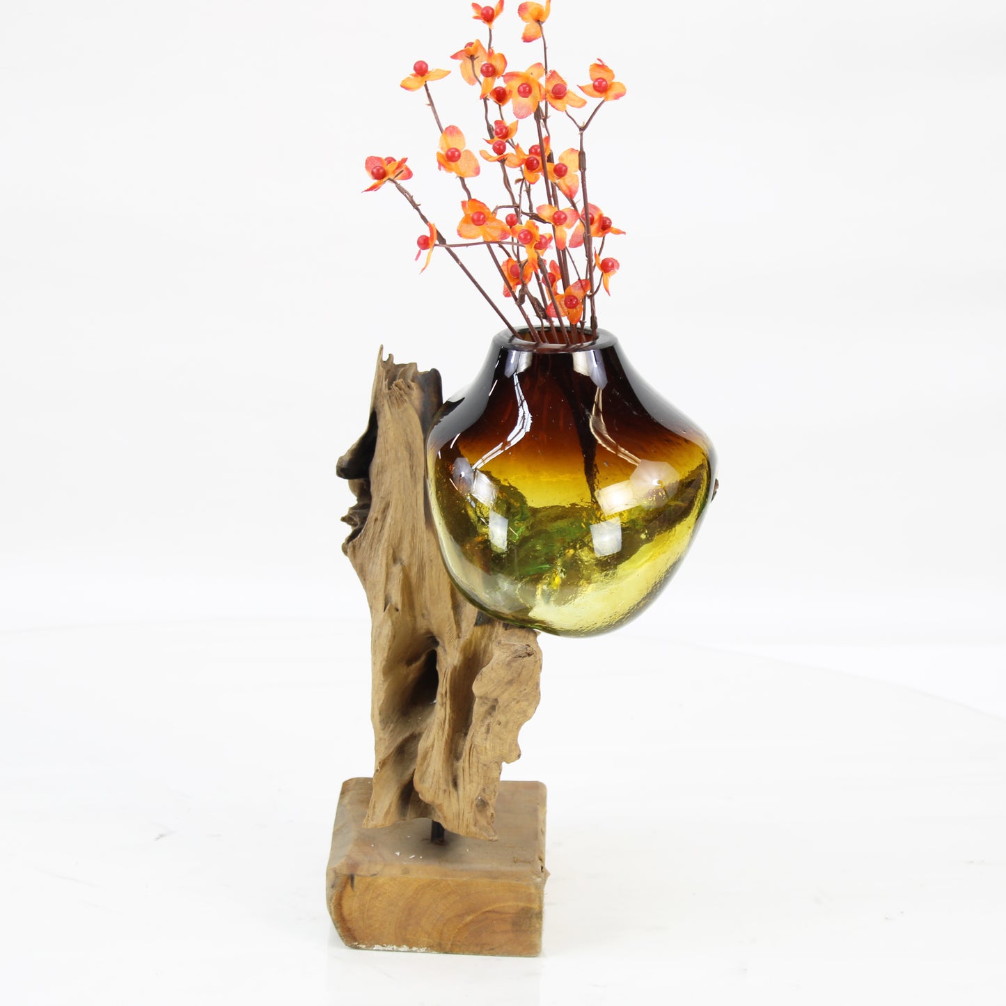 Bali Molten Glass on Teak Wood Base Vase MM174H1