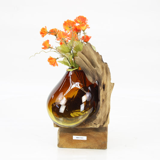 Bali Molten Glass on Teak Wood Base Vase MM177H1