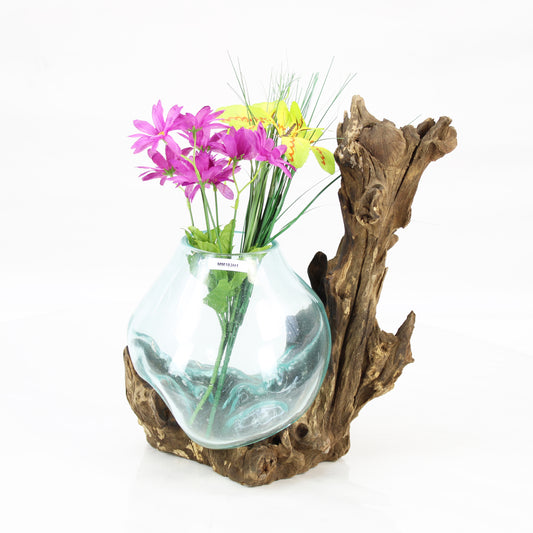 Bali Molten Glass on Teak Wood Base Vase MM183H1