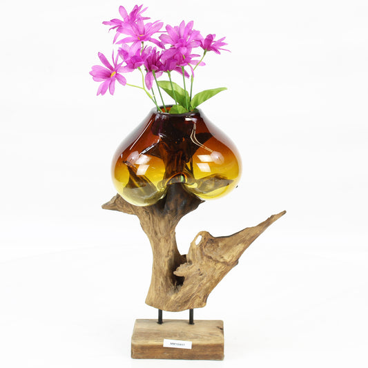 Bali Molten Glass on Teak Wood Base Vase MM184H1