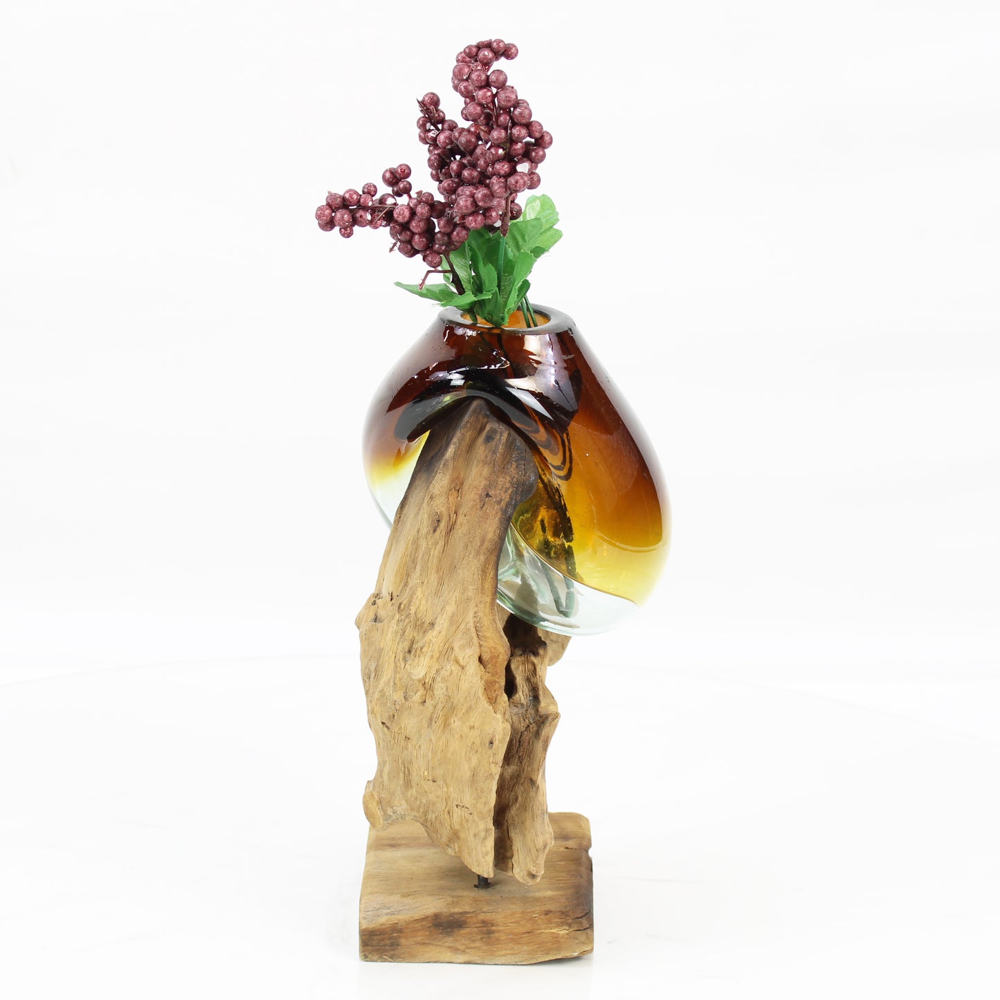 Bali Molten Glass on Teak Wood Base Vase MM185H2