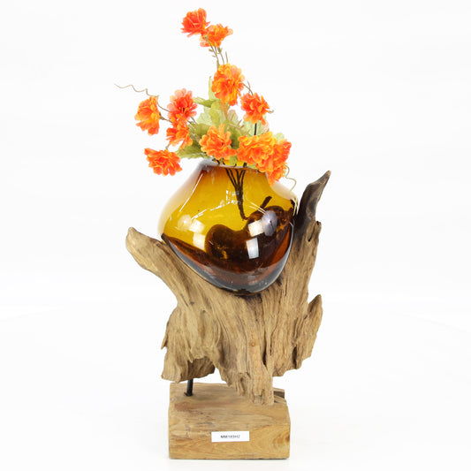 Bali Molten Glass on Teak Wood Base Vase MM189H2