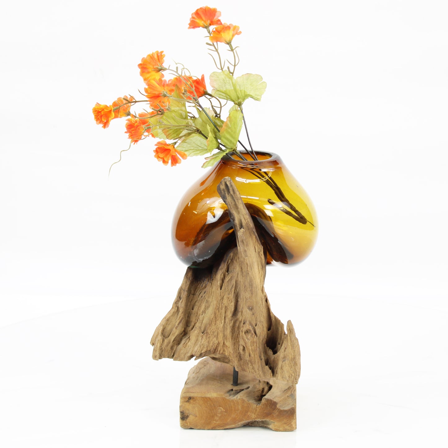 Bali Molten Glass on Teak Wood Base Vase MM189H2