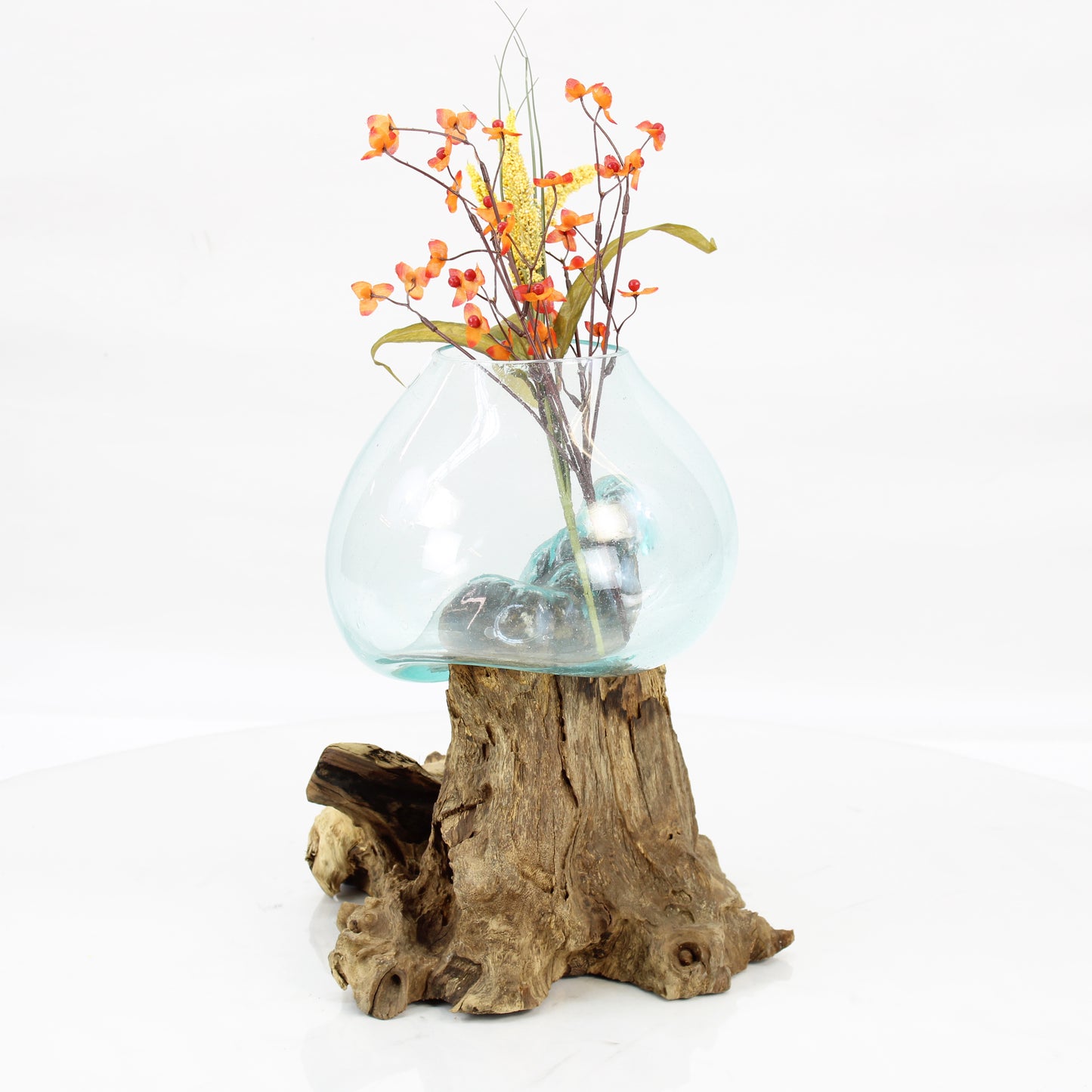 Bali Molten Glass on Teak Wood Base Vase MM190H2