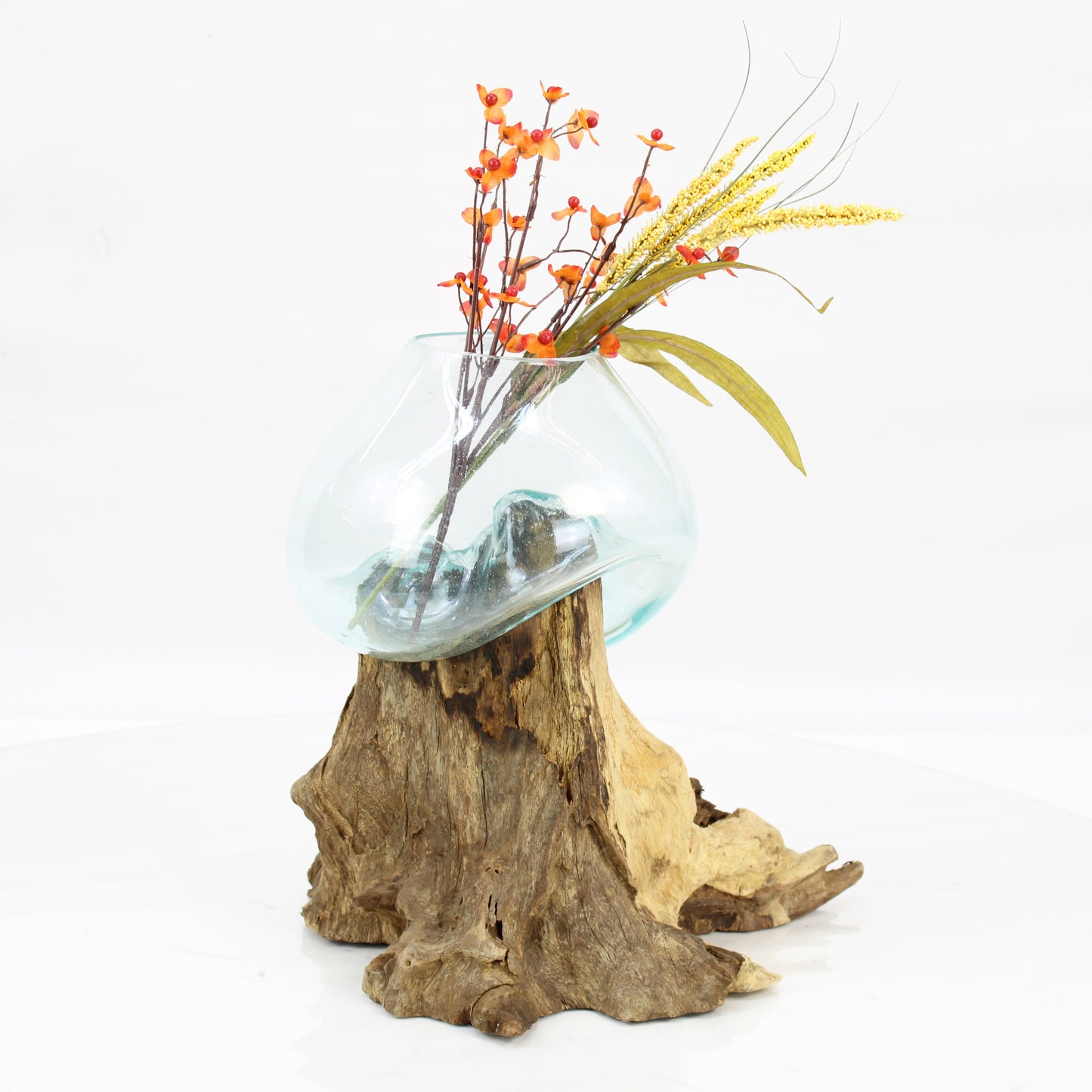 Bali Molten Glass on Teak Wood Base Vase MM190H2