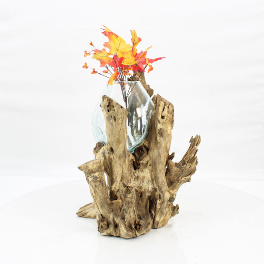 Bali Molten Glass on Teak Wood Base Vase MM192H2