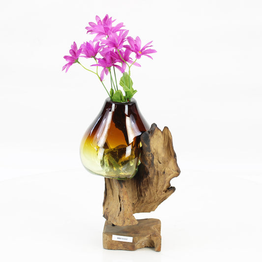 Bali Molten Glass on Teak Wood Base Vase MM193H2