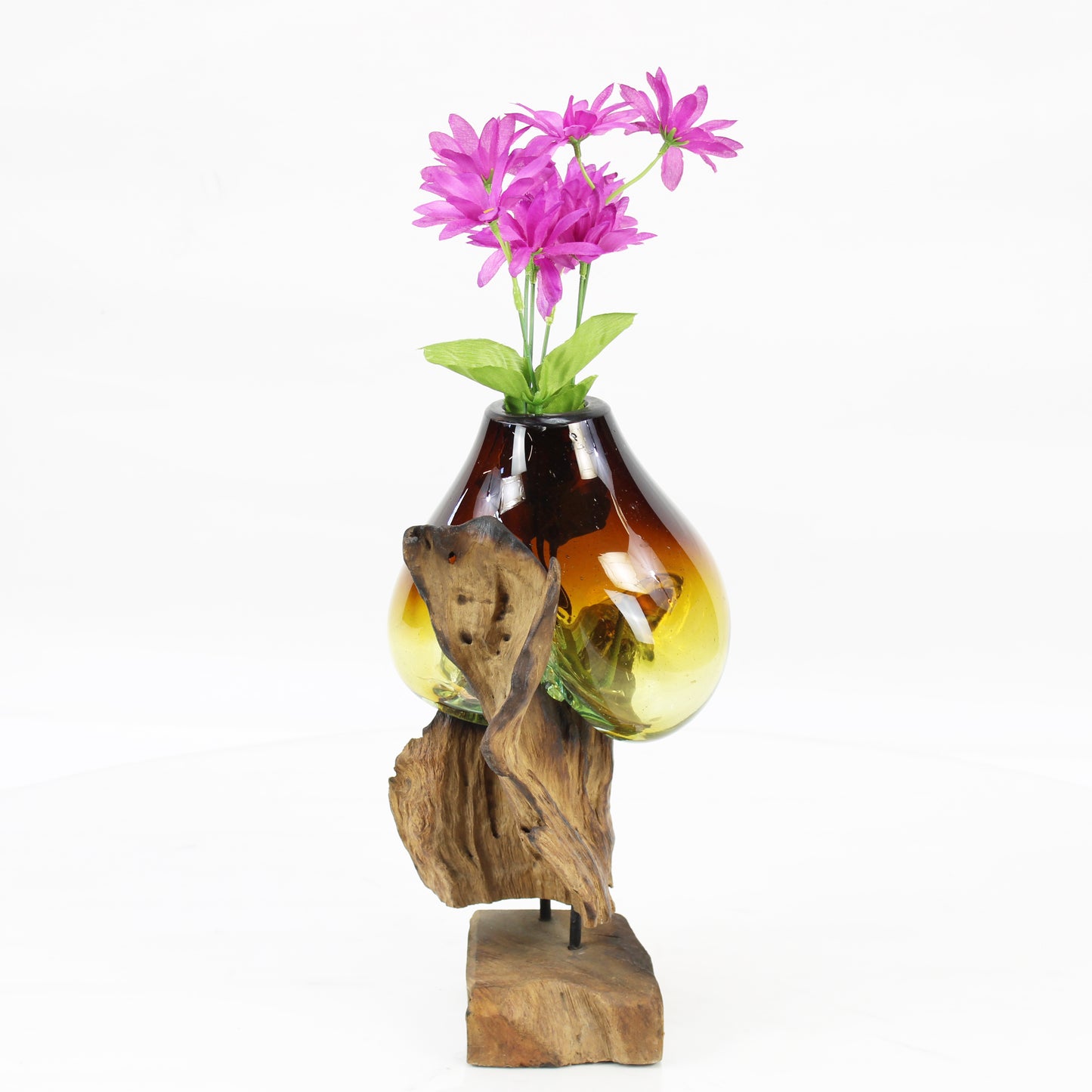 Bali Molten Glass on Teak Wood Base Vase MM193H2