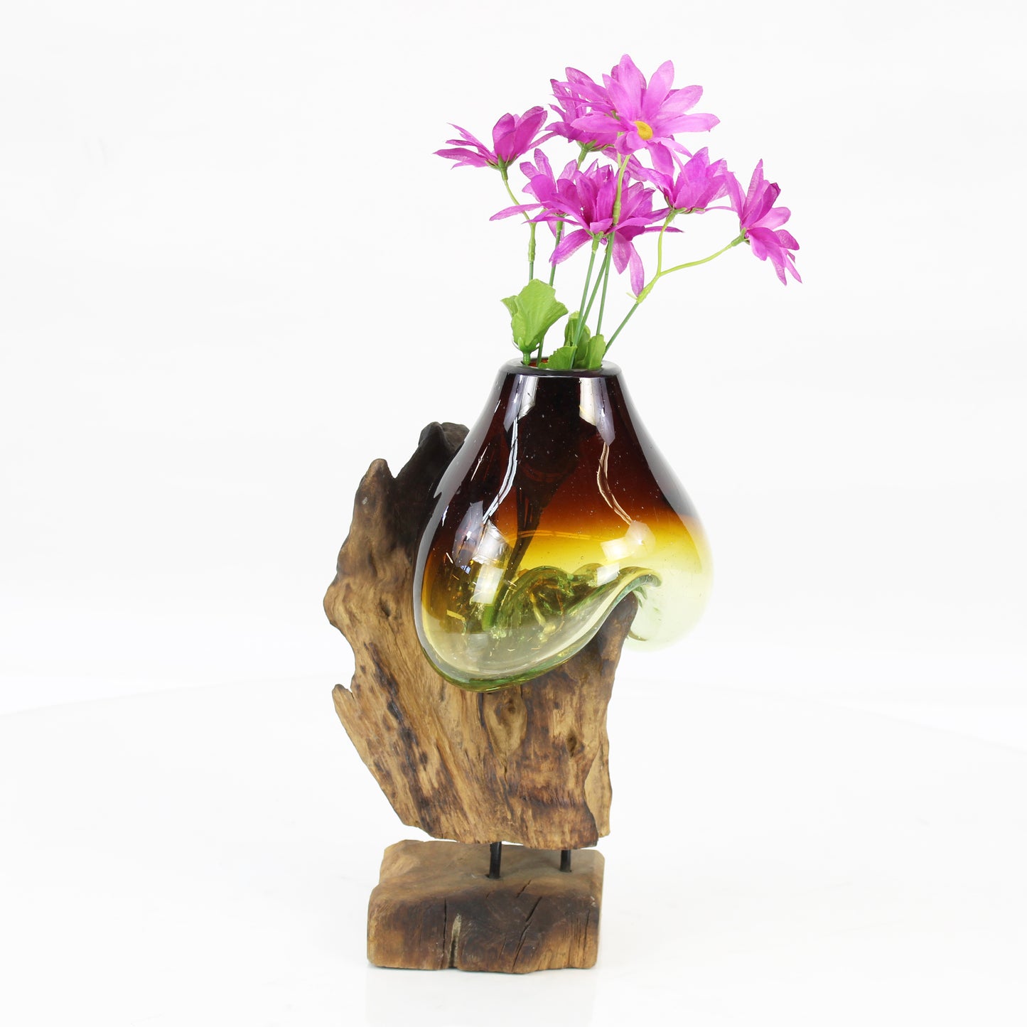 Bali Molten Glass on Teak Wood Base Vase MM193H2