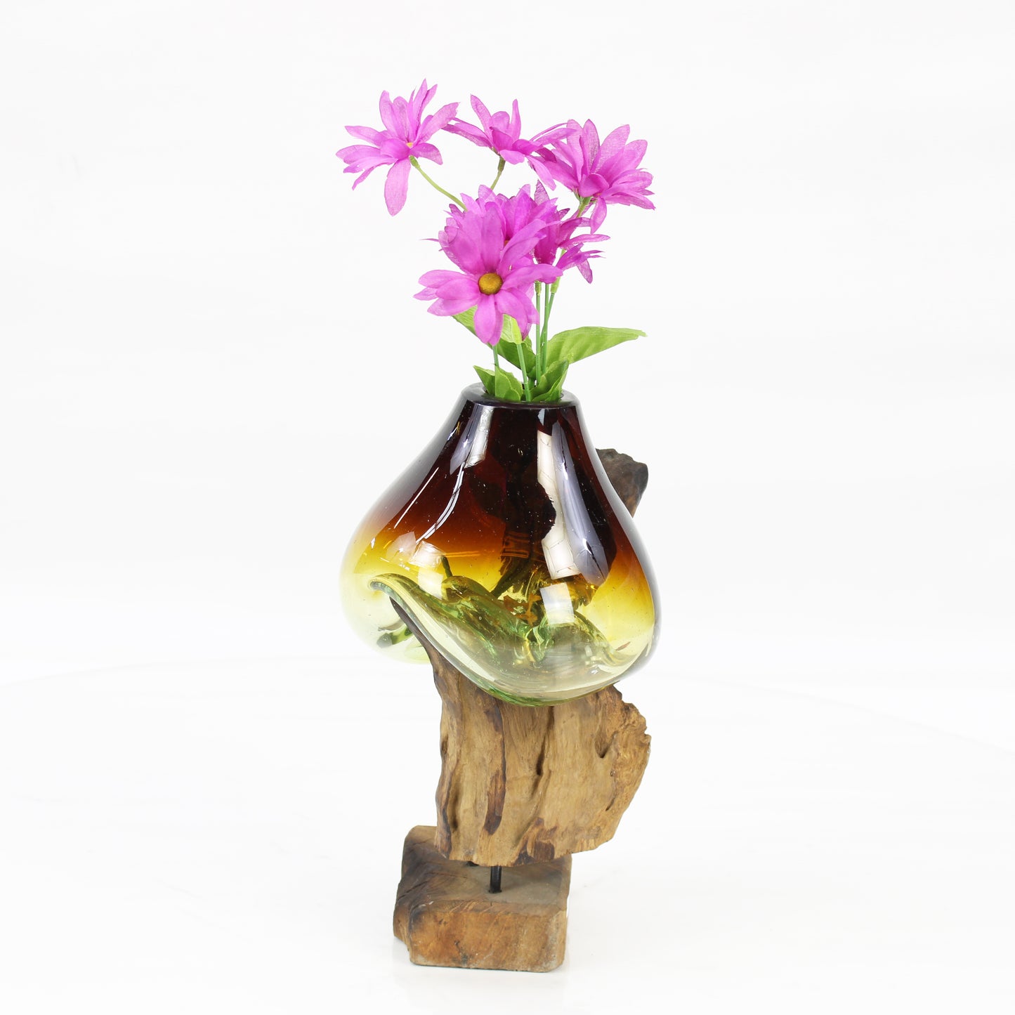 Bali Molten Glass on Teak Wood Base Vase MM193H2