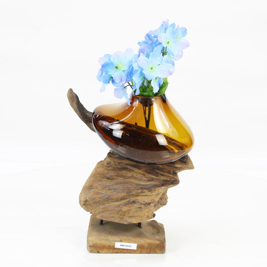 Bali Molten Glass on Teak Wood Base Vase MM194H2