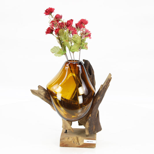 Bali Molten Glass on Teak Wood Base Vase MM196H2