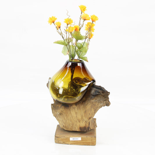 Bali Molten Glass on Teak Wood Base Vase MM199H1