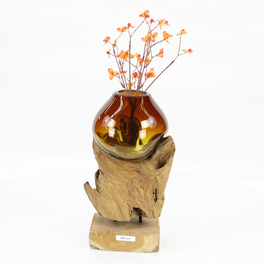 Bali Molten Glass on Teak Wood Base Vase MM202H1