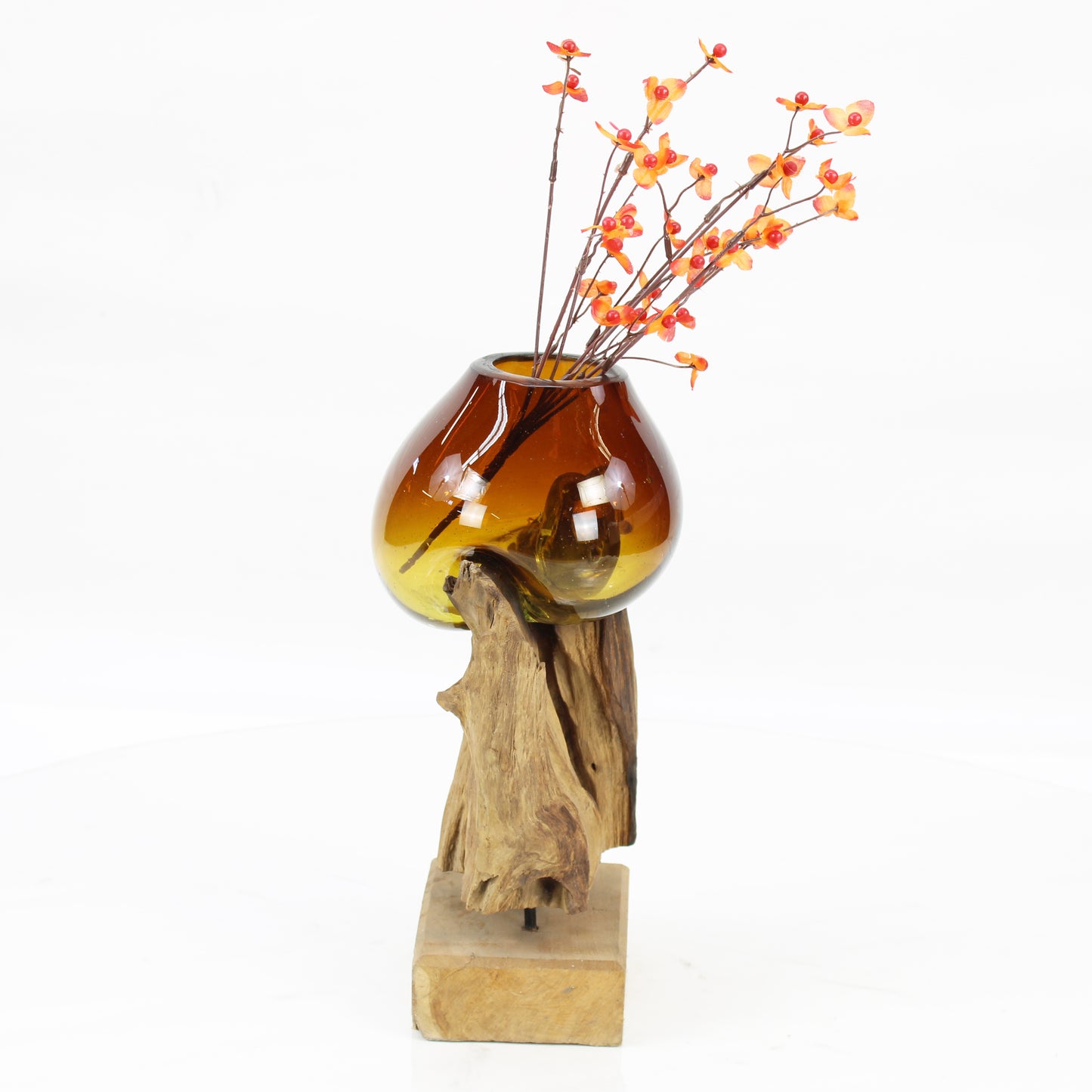 Bali Molten Glass on Teak Wood Base Vase MM202H1