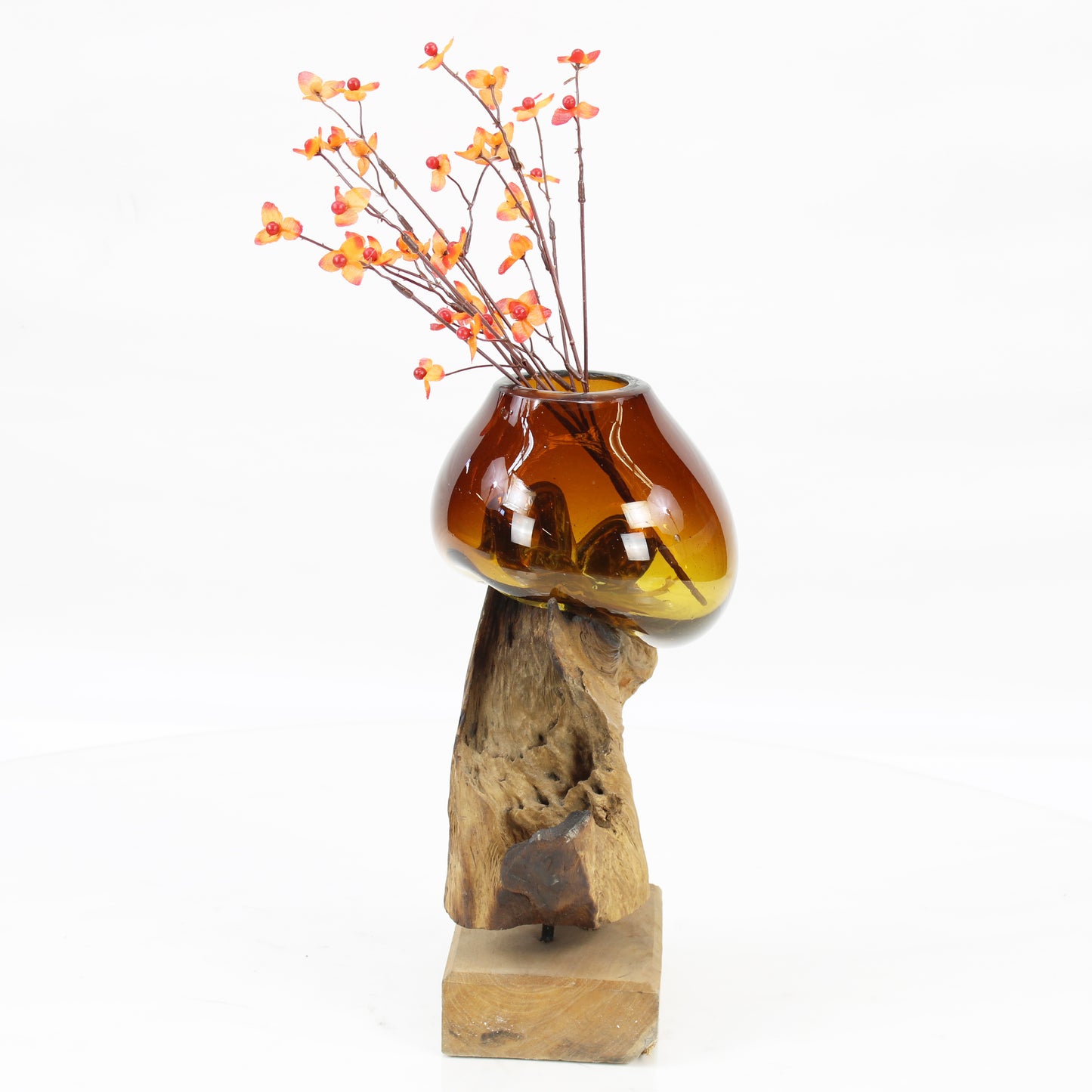 Bali Molten Glass on Teak Wood Base Vase MM202H1