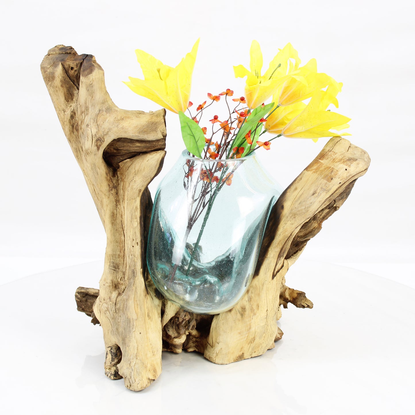 Bali Molten Glass on Teak Wood Base Vase MM208H1